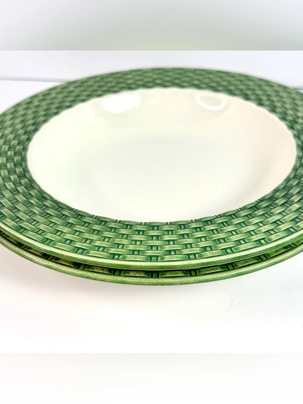 Vintage Pier 1 Basket Weave Green/white Soup Bowls Set Of 2 Made In Italy